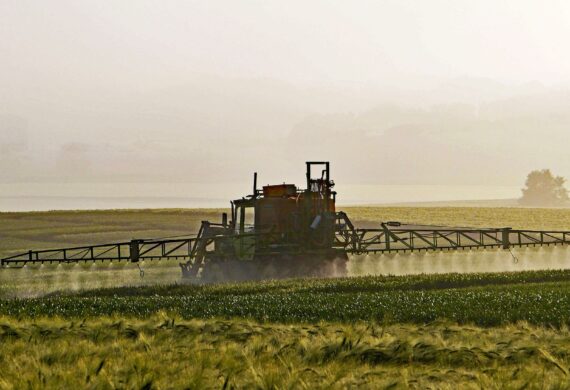 Agriculture machine spraying pesticides on crops